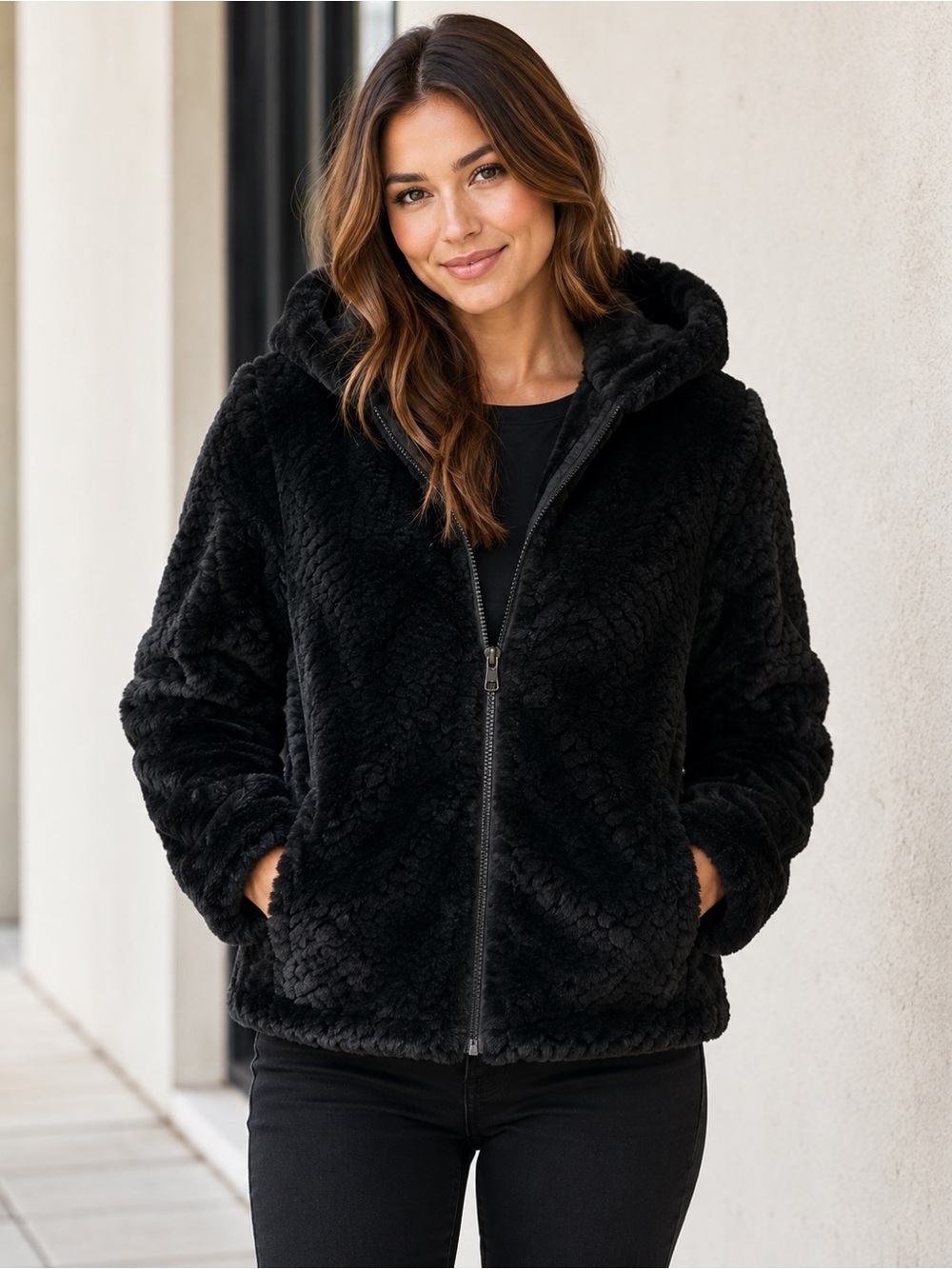 Steve Madden Black Faux Fur Hooded Jacket XL Plush Teddy Zip Winter Coat - Picture 11 of 11